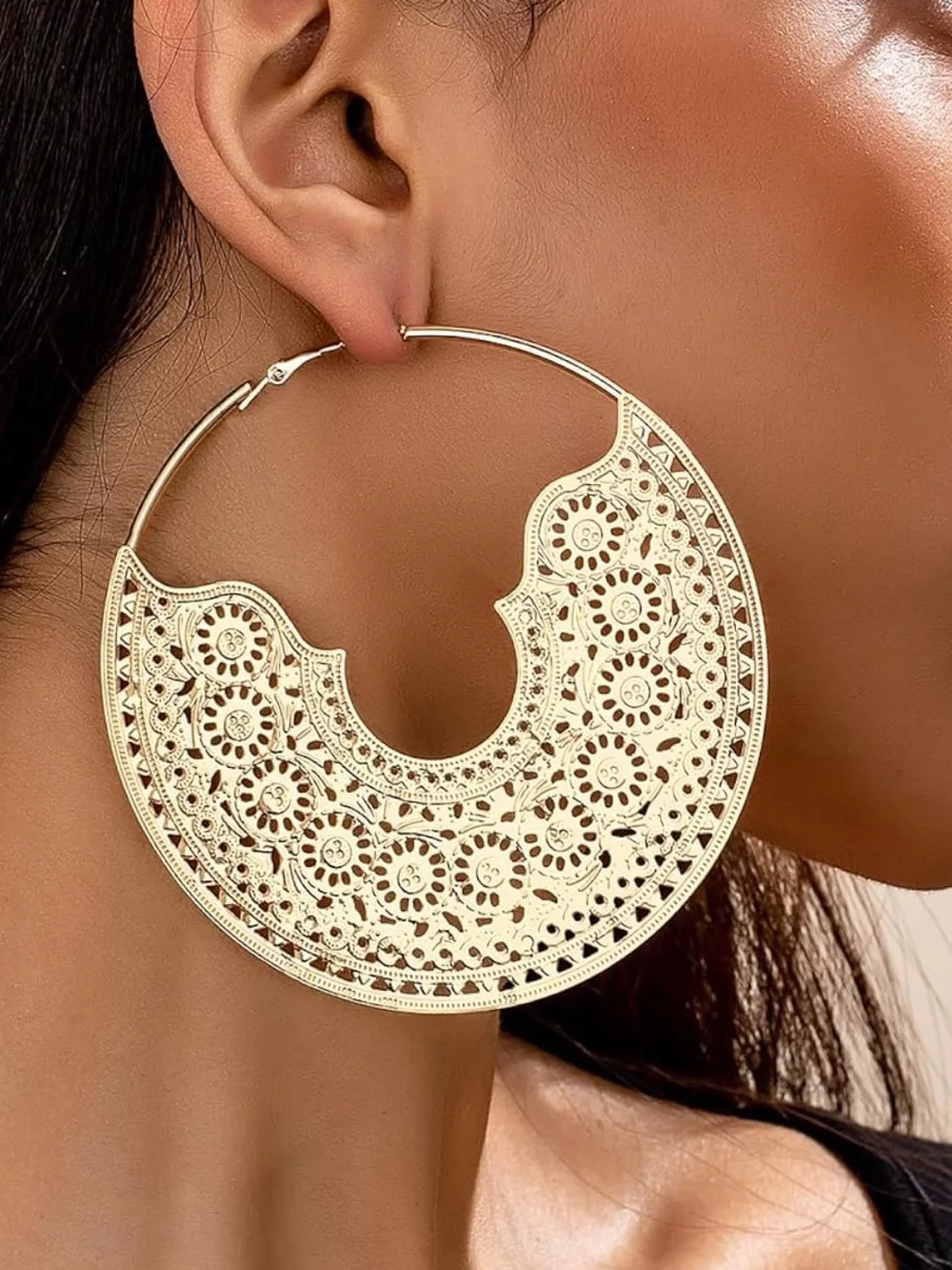 Gold color Filigree Large Hoop Earrings - Elegant Women's Jewelry